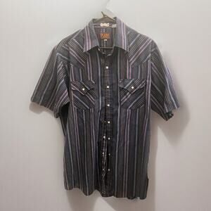 Plains Western Wear Pearl Snap Short Sleeve Tall Man Large Navy Striped Shirt
